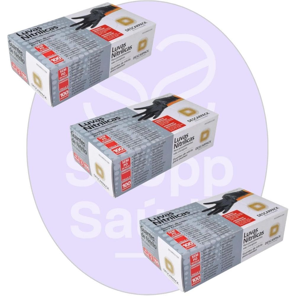 Kit 03 Luva Descartável Nitrílica Sem Pó Preta P Descarpack