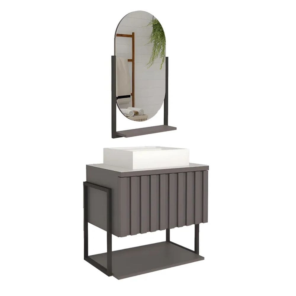 Armário Banheiro Mdf Aço C/ Cuba Espelheira 1 Porta Titanium