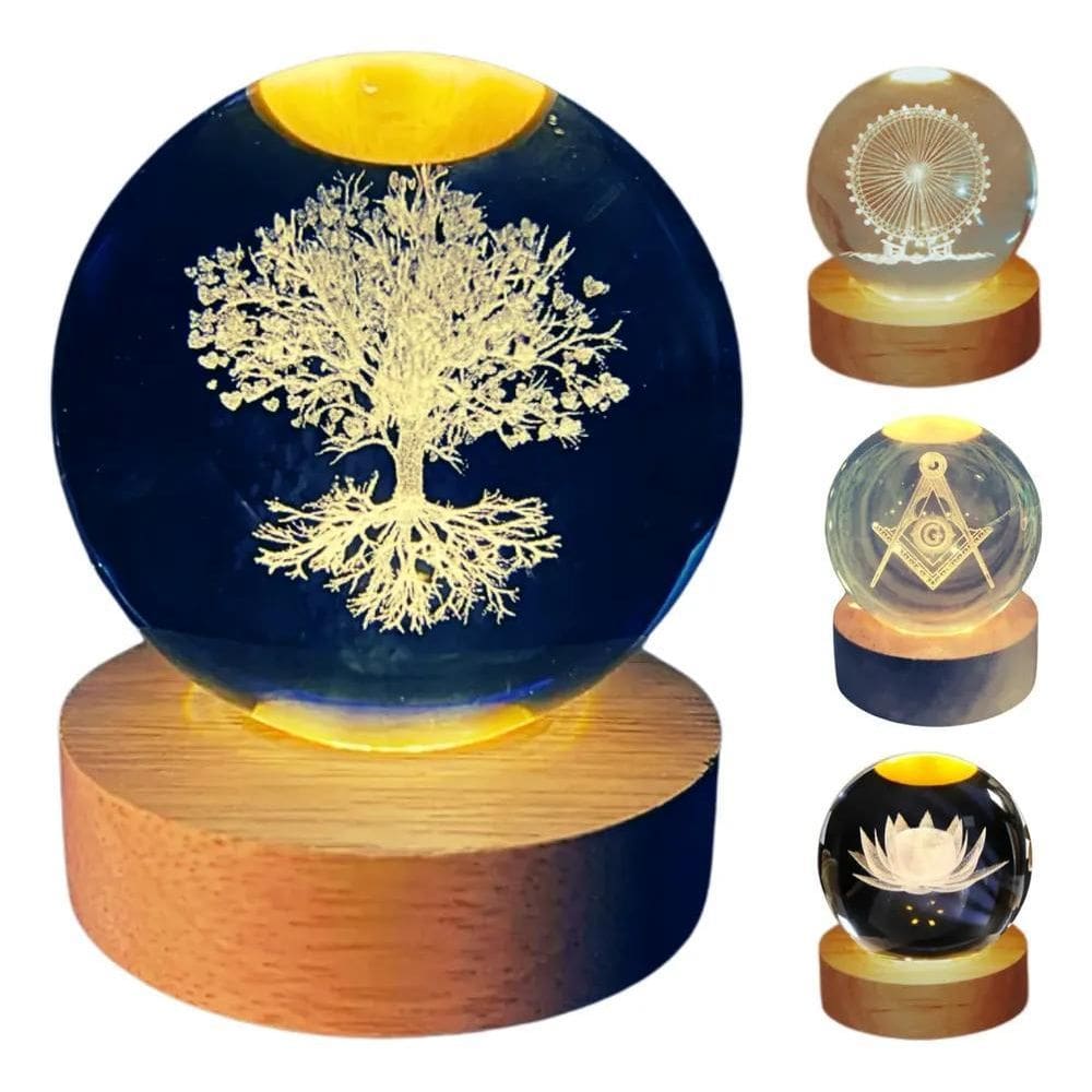 Luminária De Mesa Bola De Cristal 3D Base Madeira Decorativa