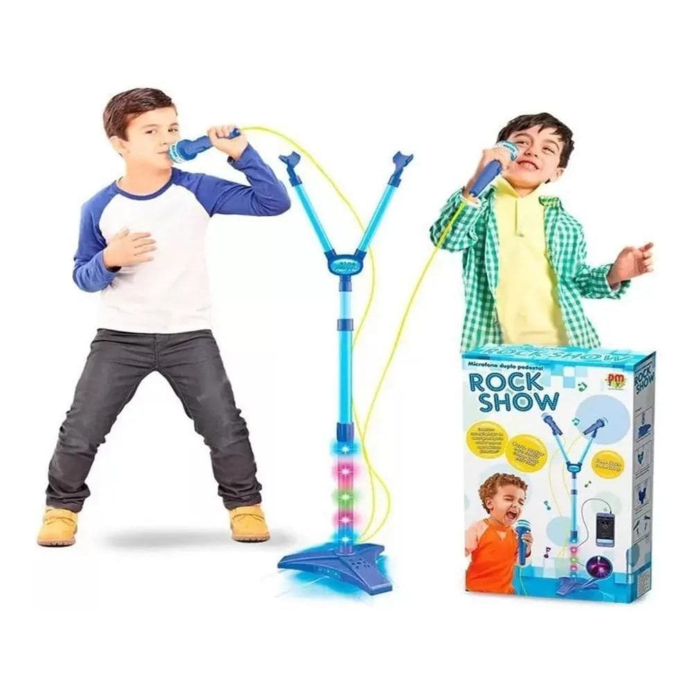 3X Microfone Duplo Com Pedestal Infantil Azul Mp3 Com Luz