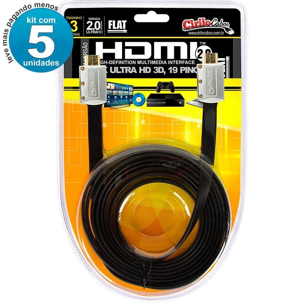 Kit Com 5 Cabos Hdmi 2.0 Flat Desmontável,19 Pinos 4K, 3Mts
