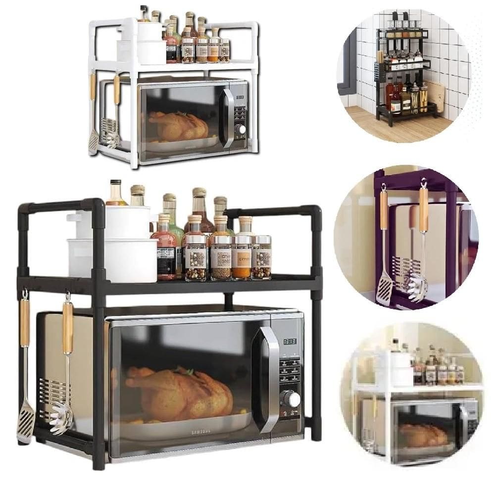 Estante Organizador Duplo Cozinha Escritorio Suporte Microondas Rack Forno Prateleira Multiuso Bancada Pia Armario Ganch