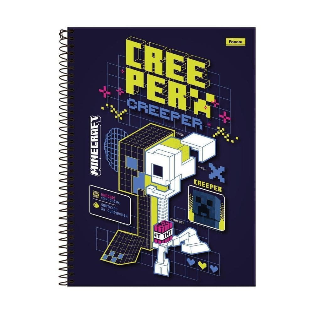 Caderno Minecraft Creeper Espiral Capa Dura 1 Matéria 80F