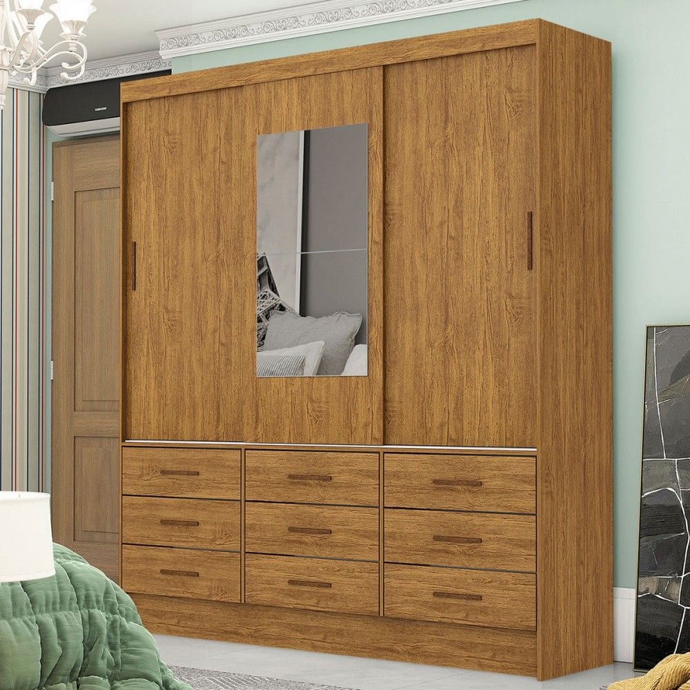 Guarda-Roupa Solteiro Sevilha 3 Portas 9 Gavetas com Espelho Cinamomo - Carioca Móveis