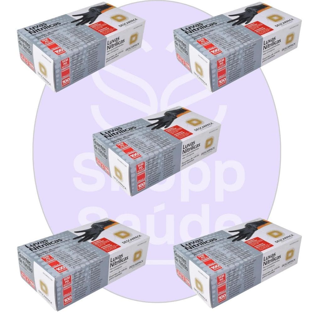 Kit 05 Luva Descartável Nitrílica Sem Pó Preta P Descarpack