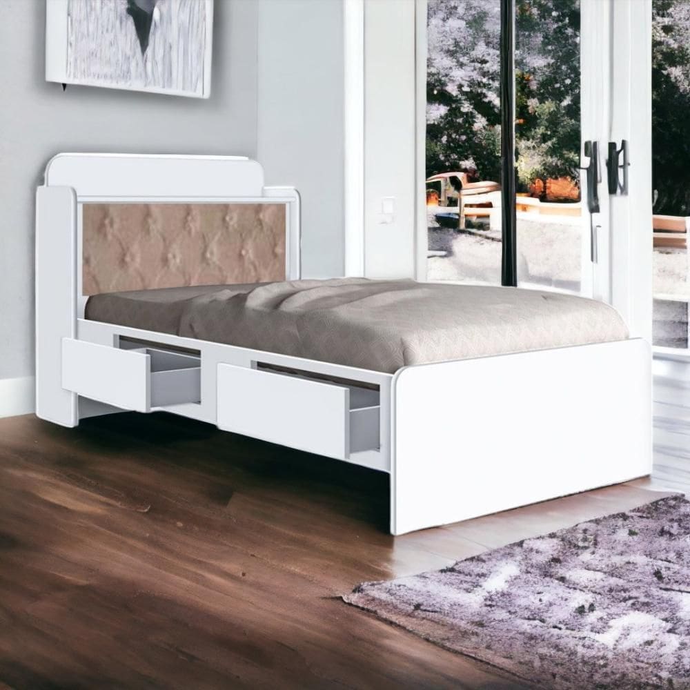 Cama Tamires Baú Branco com Capitonê Bege