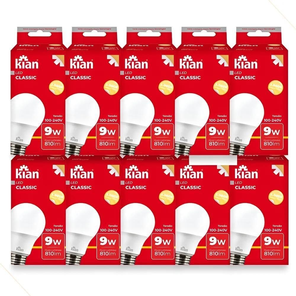 Kit 10 Lâmpada Bulbo Led 9W Amarela 3000K Bivolt Kian
