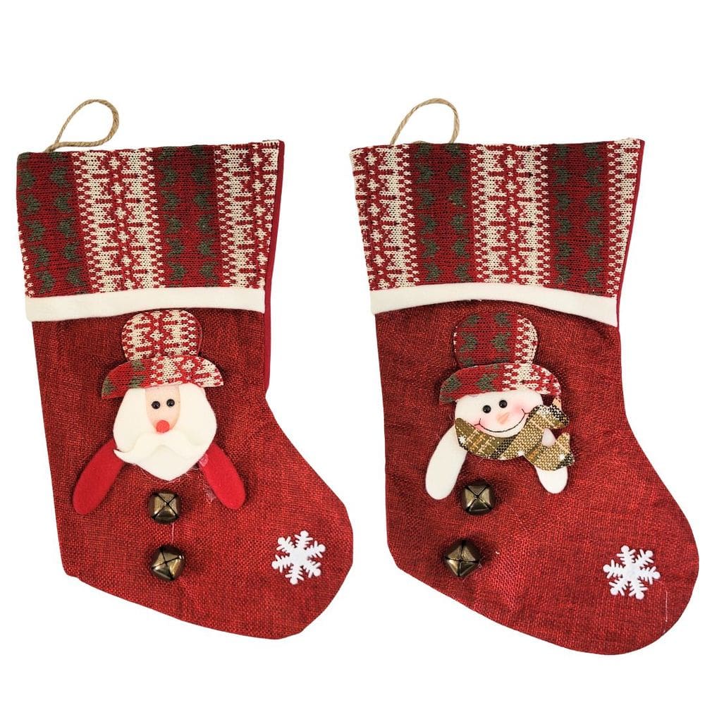 Jogo 2 Botas Decorativa Meia Natal Papai Noel e Boneco de Neve Tecido Linho Vinho e Xadrez Guizo 35cm
