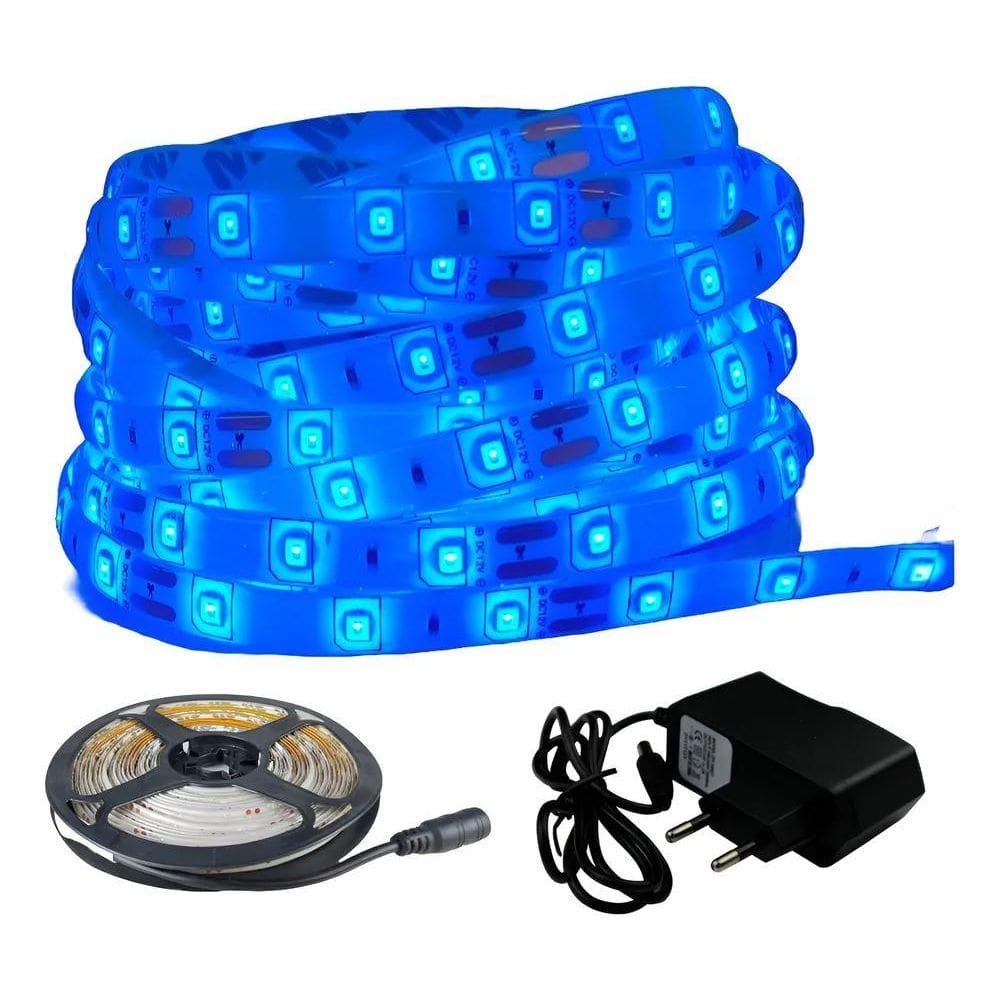 Fita Led Azul 3528 Ip65 Siliconada 12V Dupla Face Com Fonte