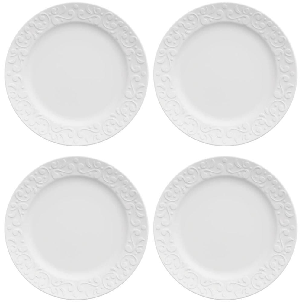 4 Pratos de Sobremesa Porcelana Relevo Tassel Germer 20,5cm Redondo Branco