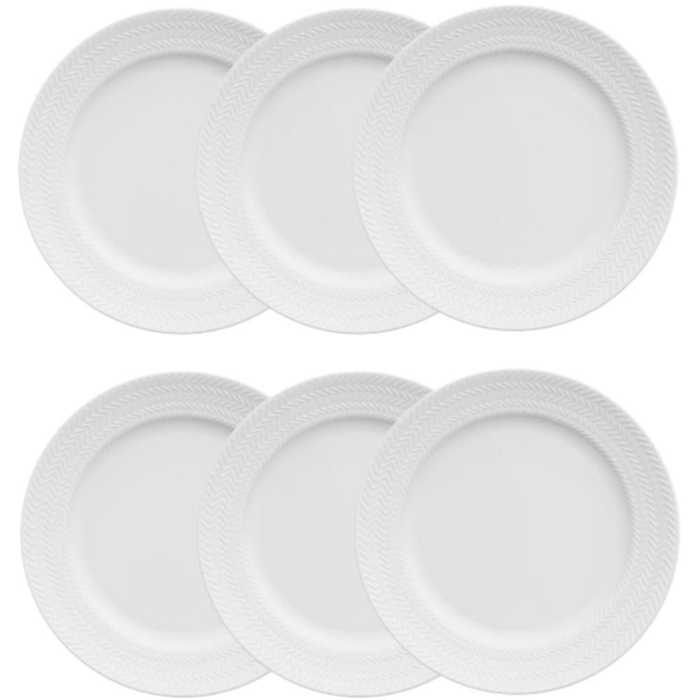 Jogo de 6 Pratos Rasos Porcelana 26,5cm Germer Relevo Chevron Branco Redondo Mesa Posta