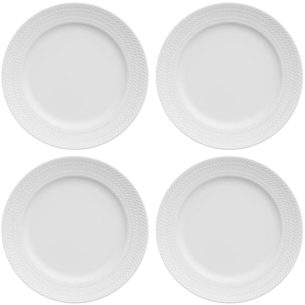 Jogo 4 Pratos em Porcelana Rasos 26,5cm Germer Chevron Redondo Branco Relevo