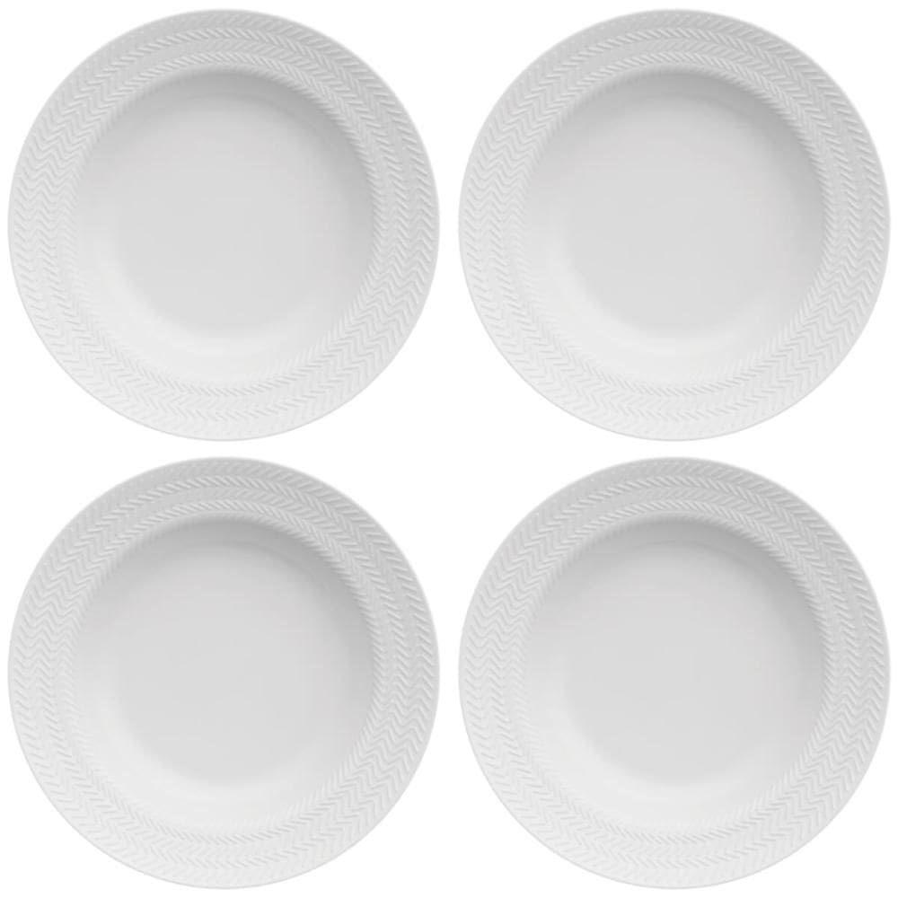 Jogo 4 Pratos Fundos 23,5cm Porcelana Germer Relevo Chevron Brancos Redondos