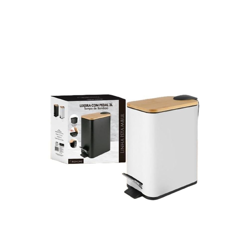 Lixeira Tampa Bamboo Retangular 3 Litros Pedal Balde Interno
