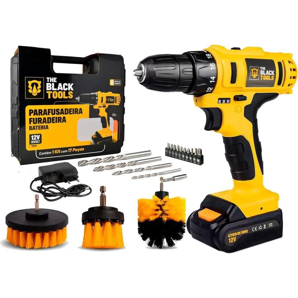 Parafusadeira Furadeira 3/8 Bateria + Kit Escova Cor Amarelo