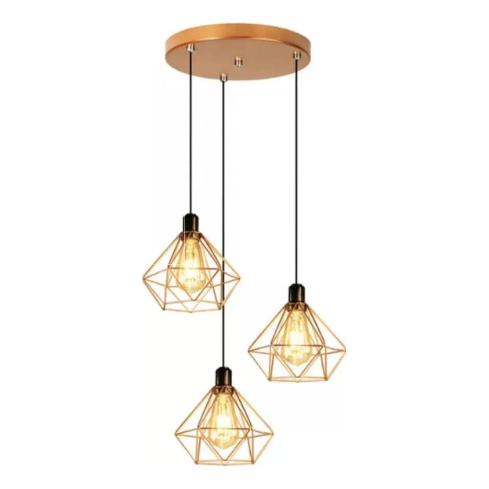 5X Luminária E-Led Pendente Triplo Aramado Diamante Cor Cobr