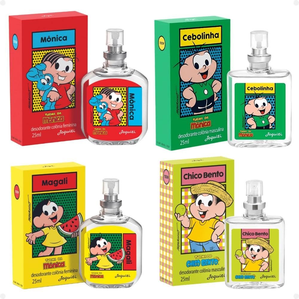 Kit Jequiti Turma da Mônica Desodorante Colônia Com 4: Mônica, Cebolinha, Magali e Chico Bento 25ml