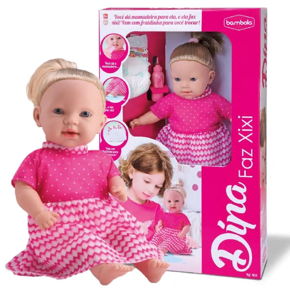 Boneca Dina Faz Xixi Bebê Com Fralda E Mamadeira Bambola