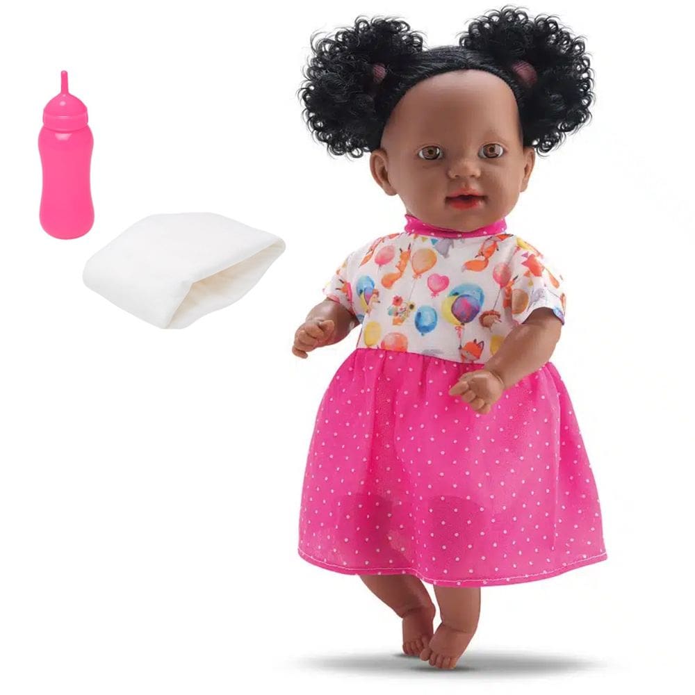 Boneca Dina Negra Faz Xixi Bebê C/Fralda E Mamadeira Bambola