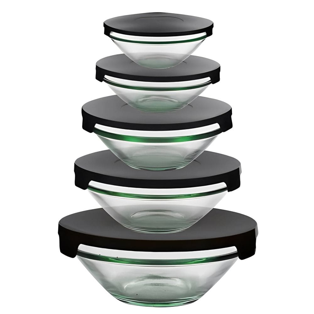 Jogo com 5 Potes Organizador de Alimentos de Vidro Tampa Preta