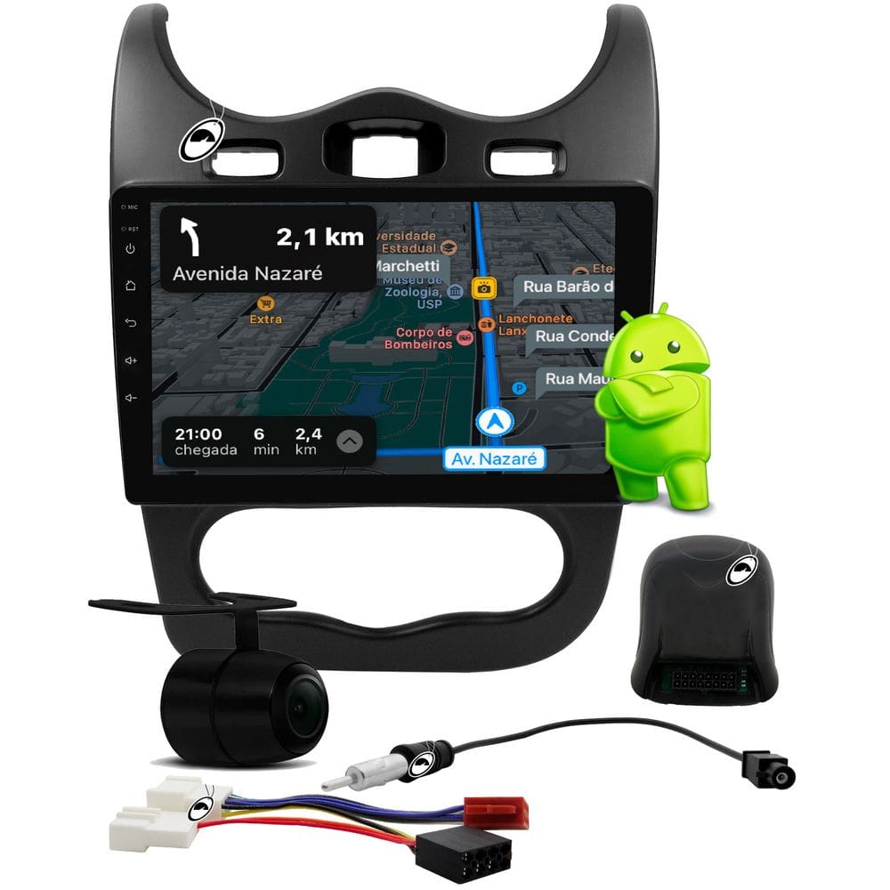 Multimidia 10” Android Sandero Logan 2012 a 2014 Comando Volante Android Auto CarPlay + Câmera de Ré