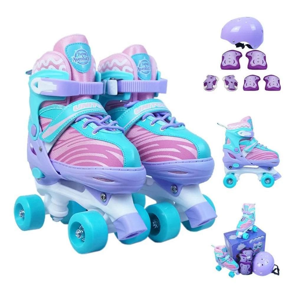Roller Patins Infantil Quad 4 Rodas + Kit Proteção Capacete