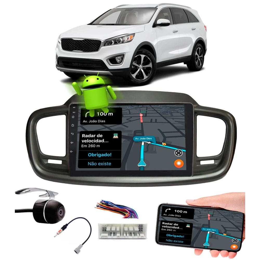 Multimídia 10” Polegadas KIA Sorento 2015 em Diante Android Espelhamento GPS Bluetooth USB + Câmera de Ré + Chicote + Adaptador de Antena