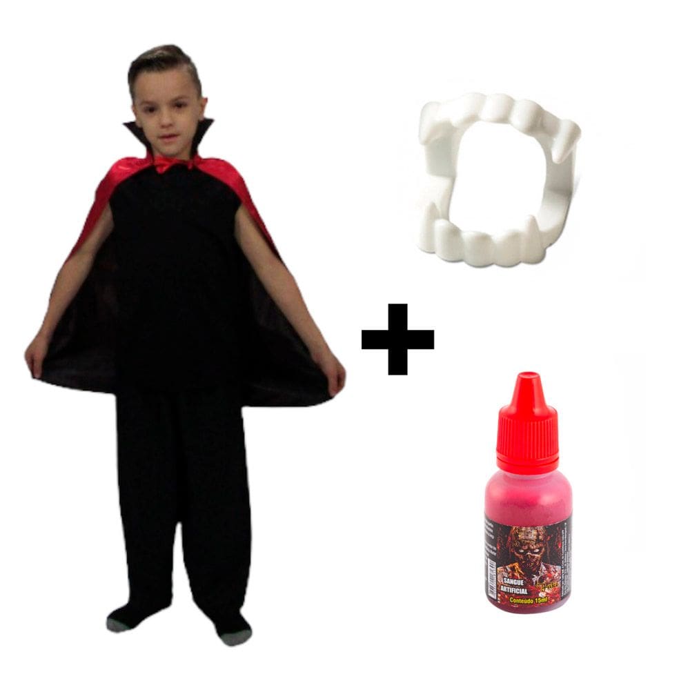Fantasia Halloween Menino Conde Drácula Capa de Vampiro Infantil Completo com Sangue e Dentadura