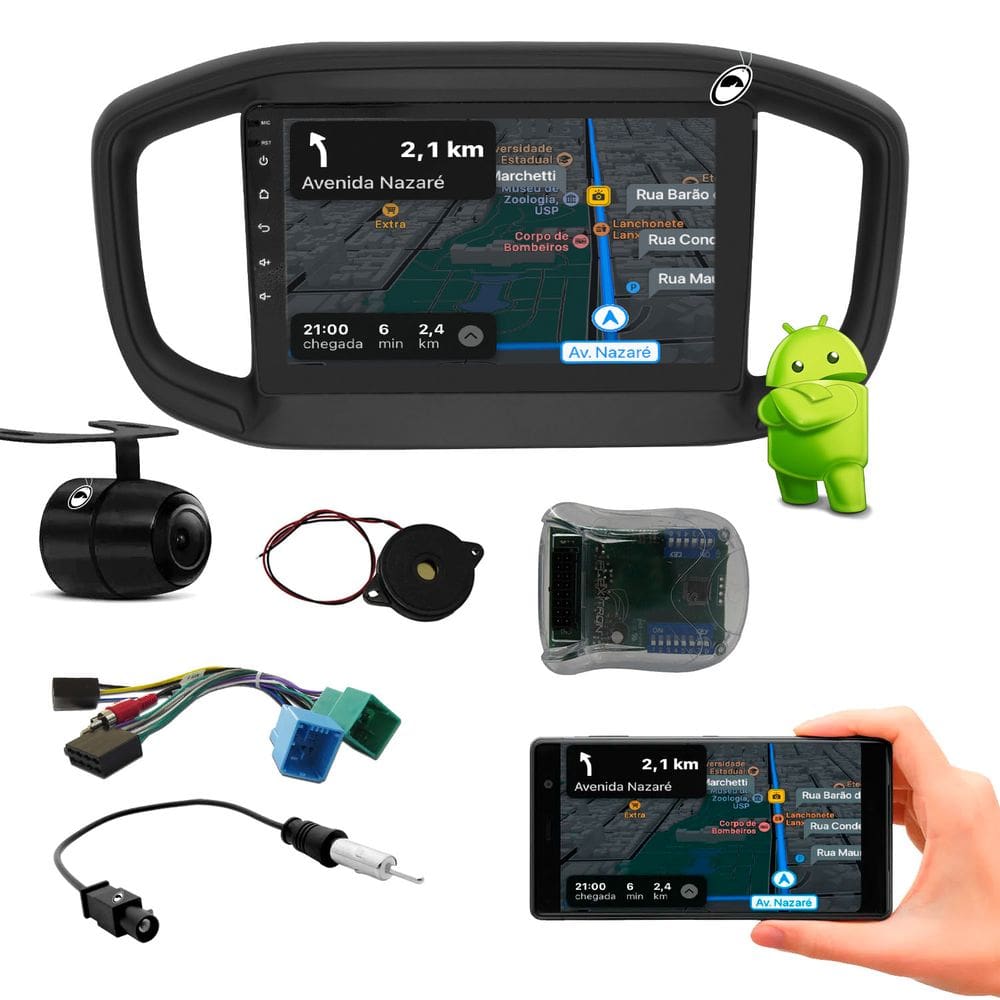 Multimídia 9” Polegadas Nova Strada 2020 2021 2022 Espelhamento USB Bluetooth + Chicotes + Interface Volante + Moldura Painel Preto + Câmera de R