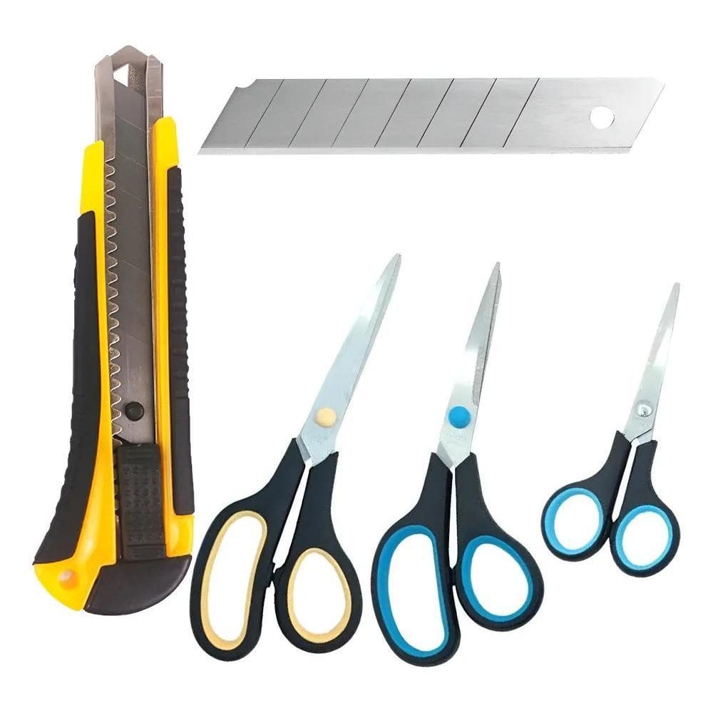 Kit Escritório Estilete Profissional + Tesouras Multiuso