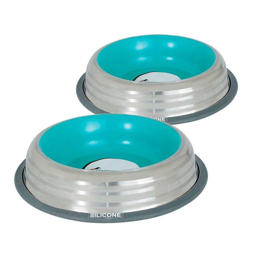 Conjunto Premium De Comedouros Inox Azul 210ml Com Base De Silicone Para Cães E Gatos