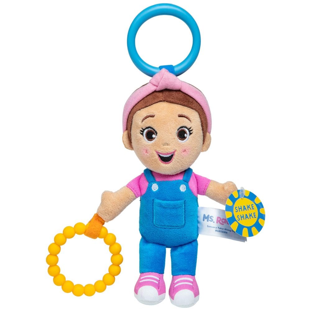 Brinquedo sensorial para levar, Ms. Rachel Teething, com chocalho e clipe