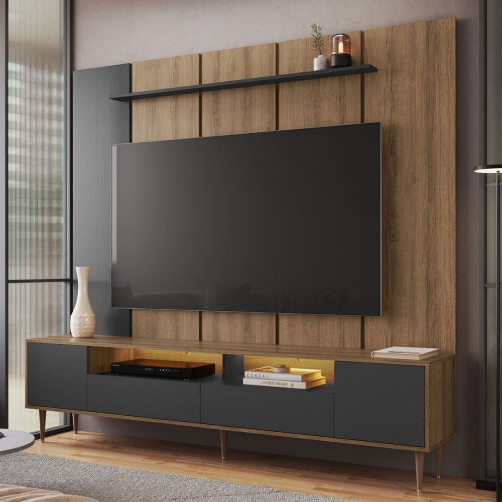 Rack com Painel para TV Até 75 Polegadas Rotterdam 2 Portas 2 Gavetas com Led Grafite - Art In Móveis