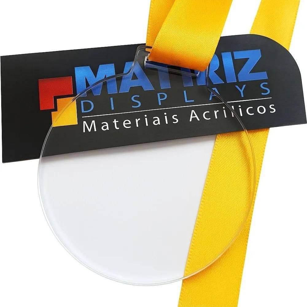 100 Medalhas Redonda 5Cm Acrílico Cristal 2Mm Fita Amarela