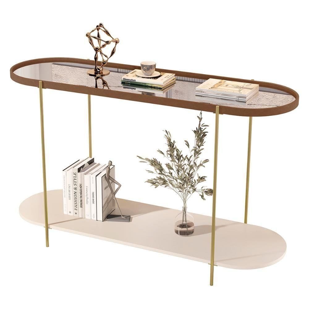 Aparador Buffet Bancada Alamanda Sala Com Espelho E Pés Metal Castanho Off White Dourado