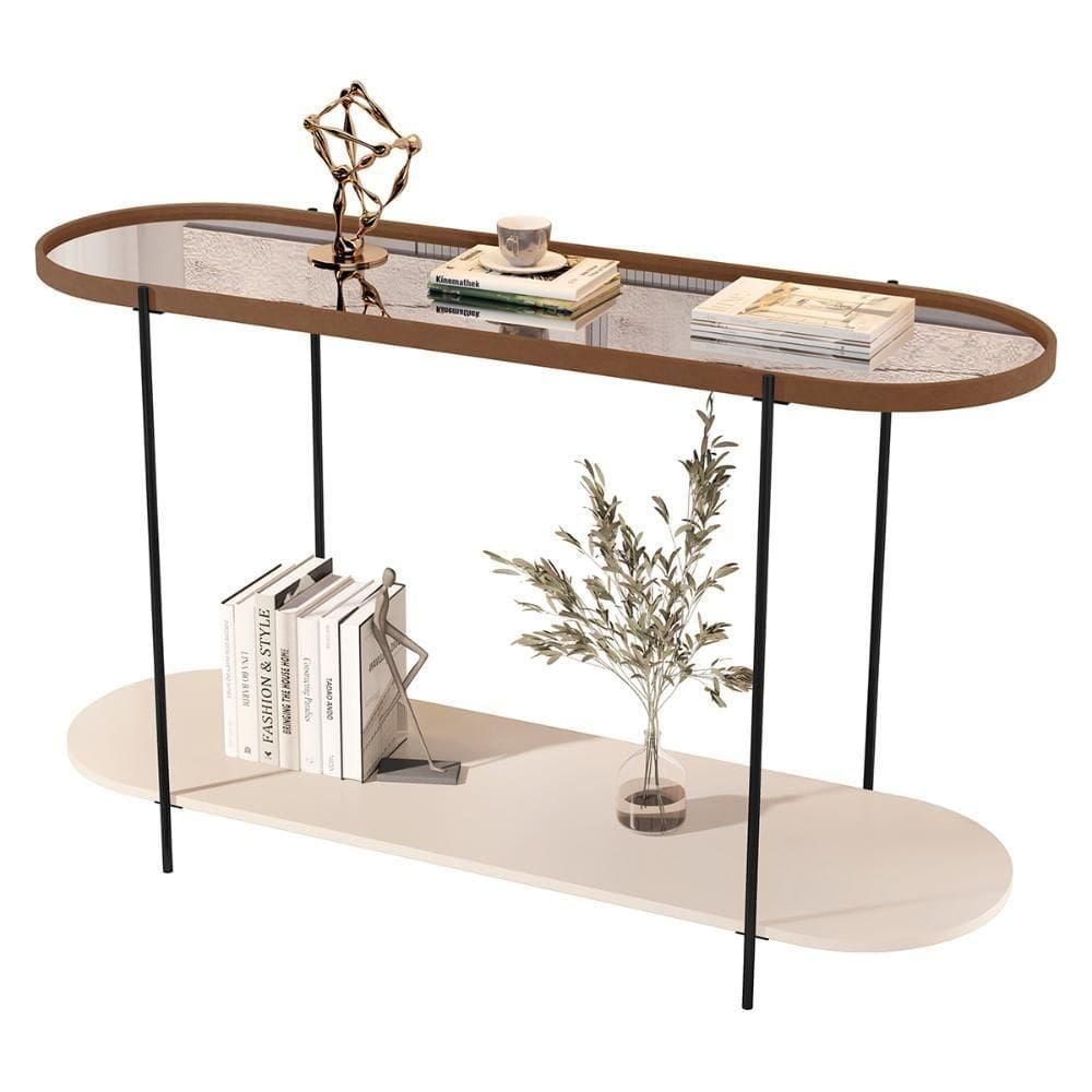 Aparador Buffet Bancada Alamanda Sala Com Espelho E Pés Metal Castanho Off White Preto