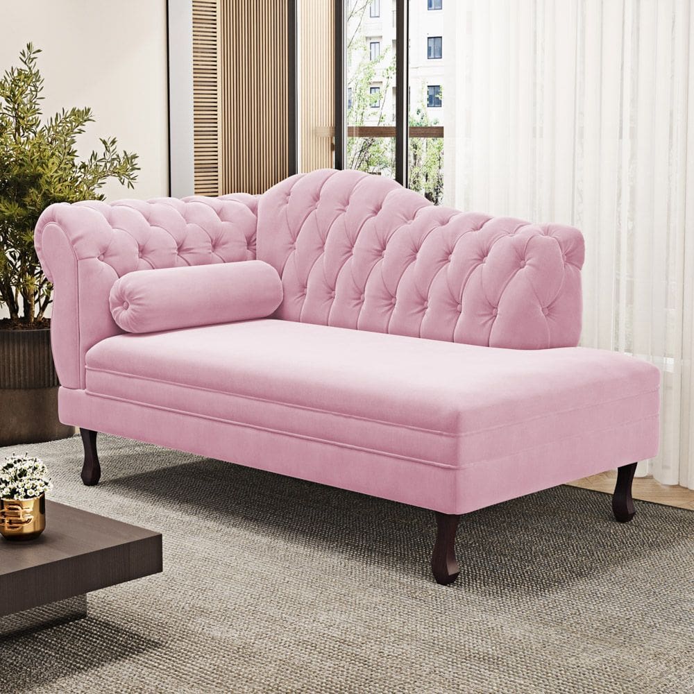 Divã Recamier Lavínia Clássico 120cm Capitonê com Pés de Madeira Courino Rosa - Desk Design