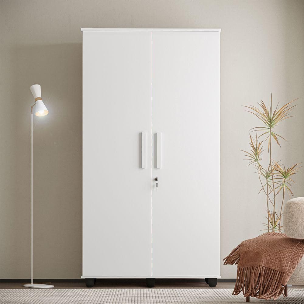 Guarda Roupa Solteiro Multiuso Sem Gaveta Reforçado Ouro Fechadura Com Chave Branco