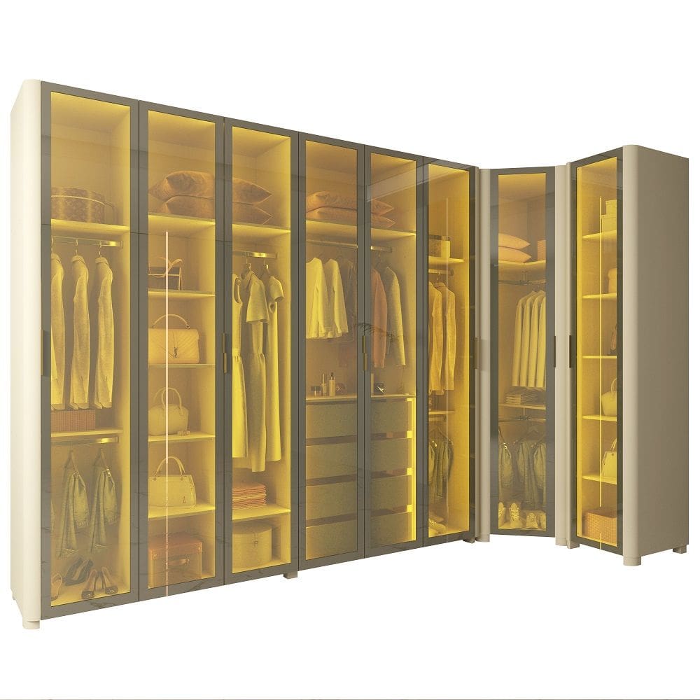 Guarda Roupa Roupeiro Casal Gelius Innova de canto com 8 portas reflecta LED modulo 2 com larguras de 340 x 140 cm OFF White