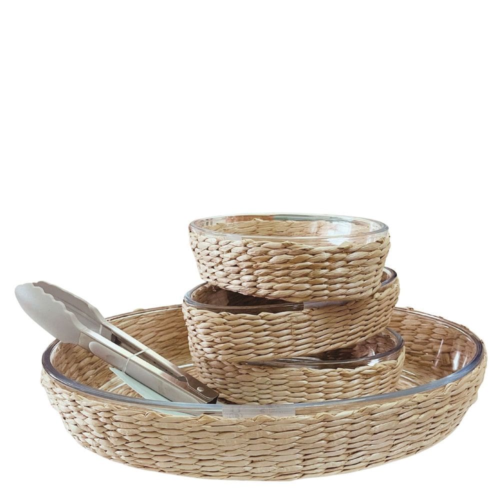 Travessa e Assadeira Refratárias 5un Vidro Oval com Suporte de Rattan