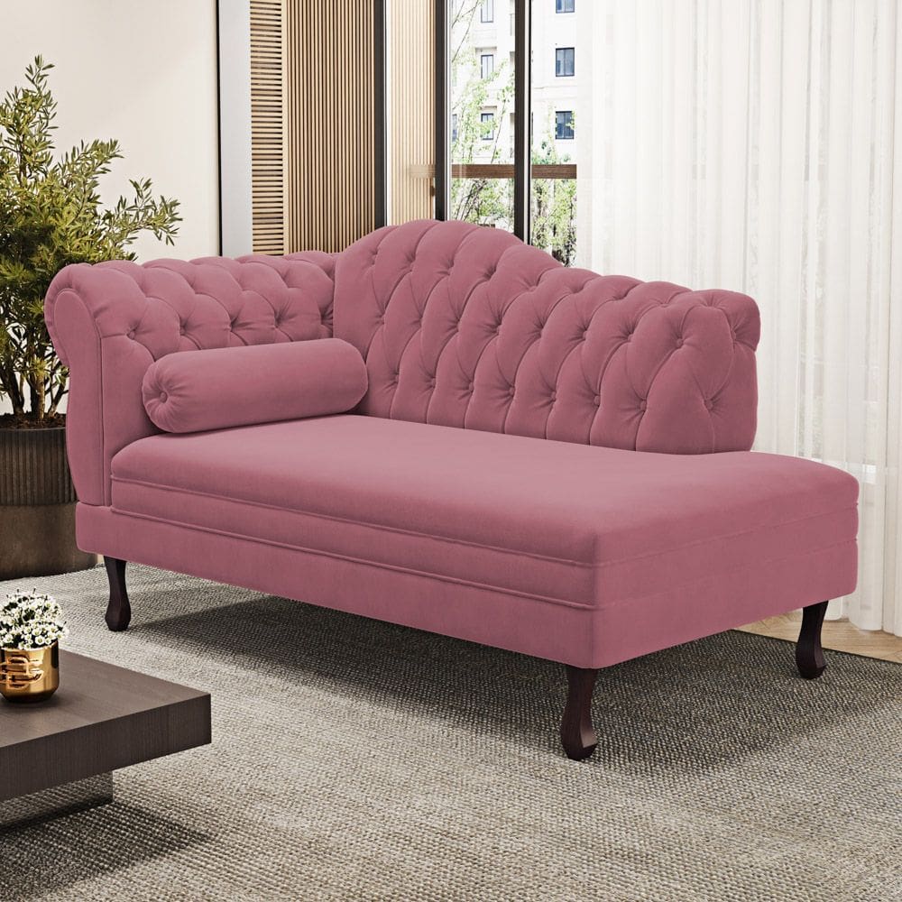 Divã Recamier Chaise Longue Lavínia 150cm Capitonê Pés de Madeira Suede Rosa - Desk Design