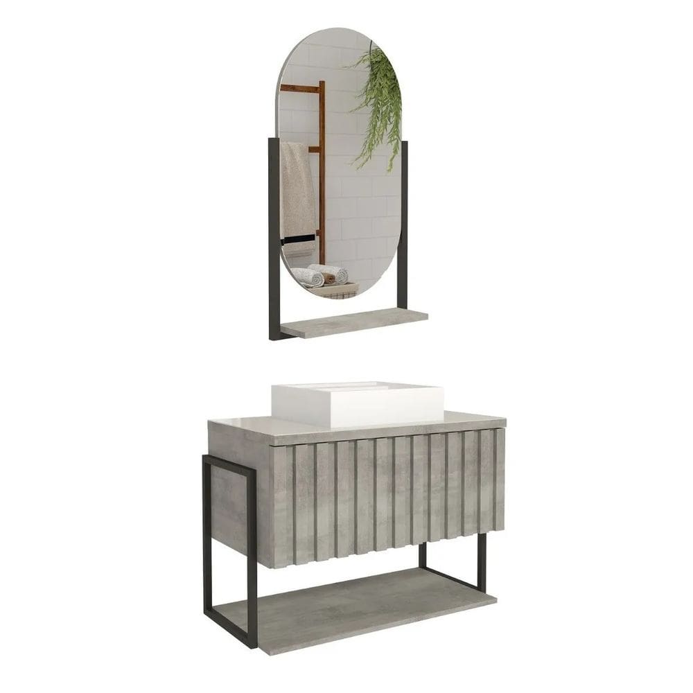 Armário Banheiro 80Cm Mdf Aço Cuba Espelheira Porta Cinza