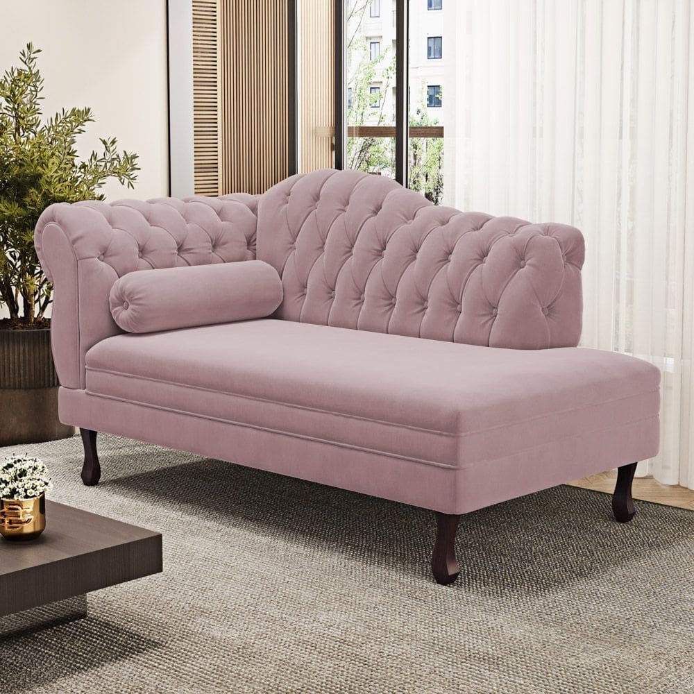 Divã Recamier Chaise Longue Lavínia 150cm Capitonê Pés de Madeira Veludo Rosé - Desk Design