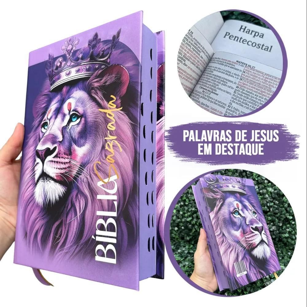 Bíblia Sagrada Evangélica Feminina Leão Roxa Com Harpa Índic