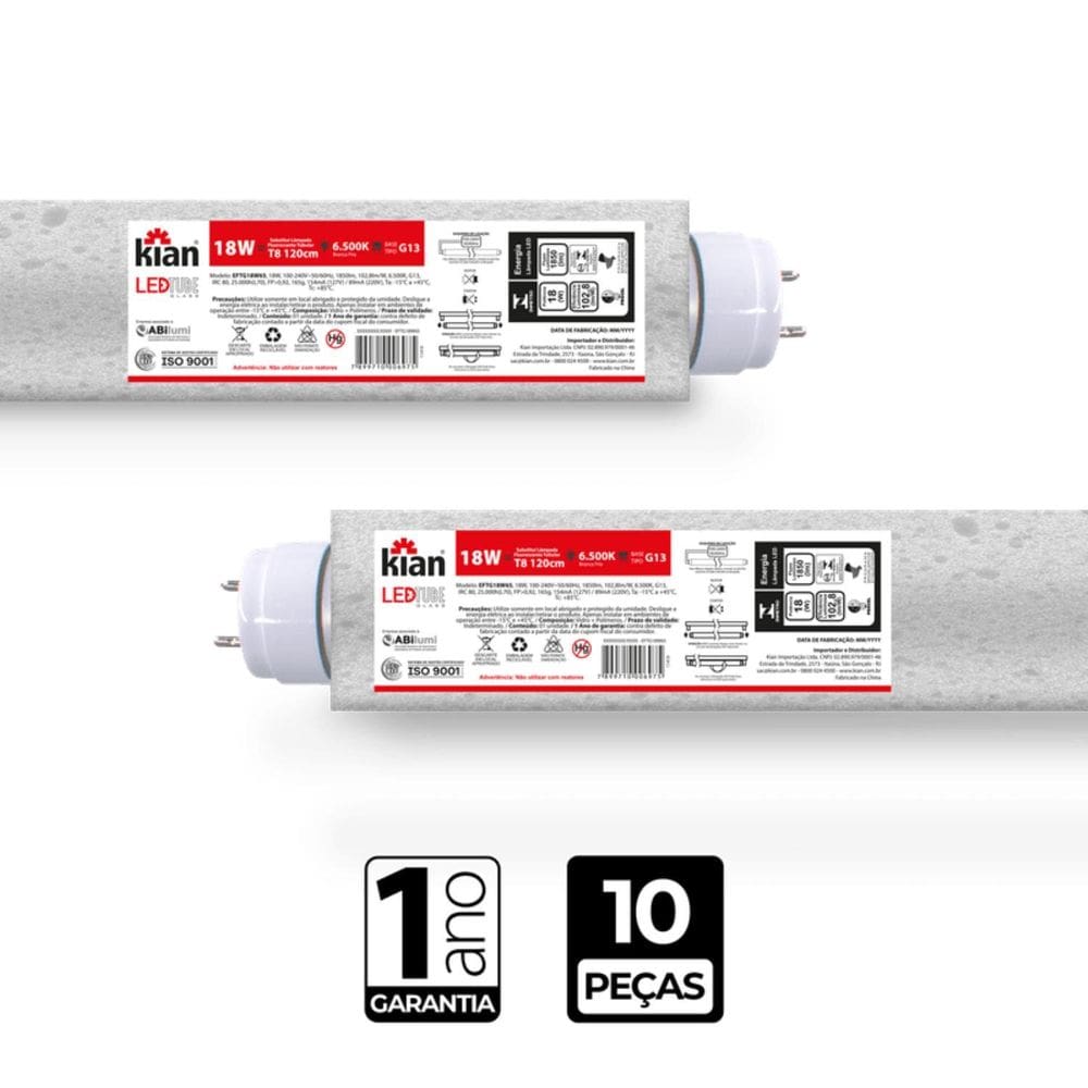 Kit 10 Lâmpada Led Tubular 18W Branca Fria Bivolt Kian