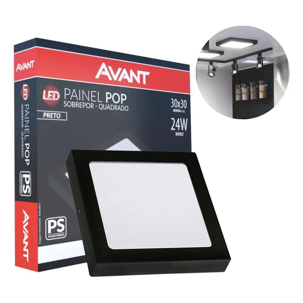 Plafon Led Quadrado Sobrepor Branco Painel 24W Slim Preto