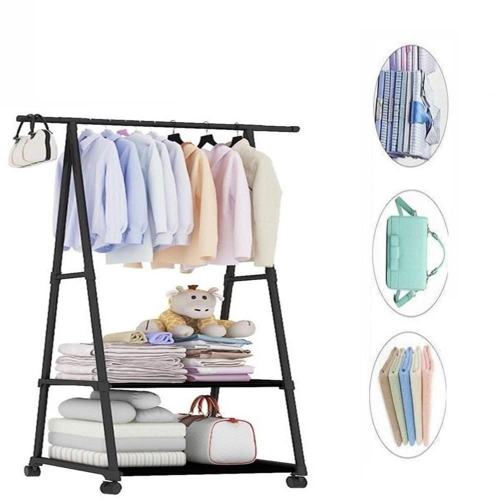 Armario Portatil Organizador Preto Com Rodinhas Arara Roupas 2 Prateleiras Carrinho Guarda Sapateira