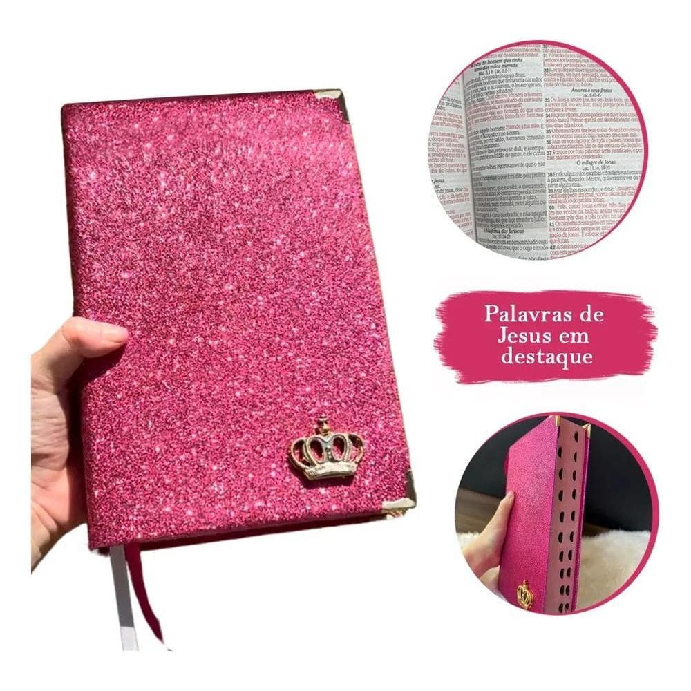 Bíblia Sagrada Rosa Luxo Glitter Brilho  Letras Médias