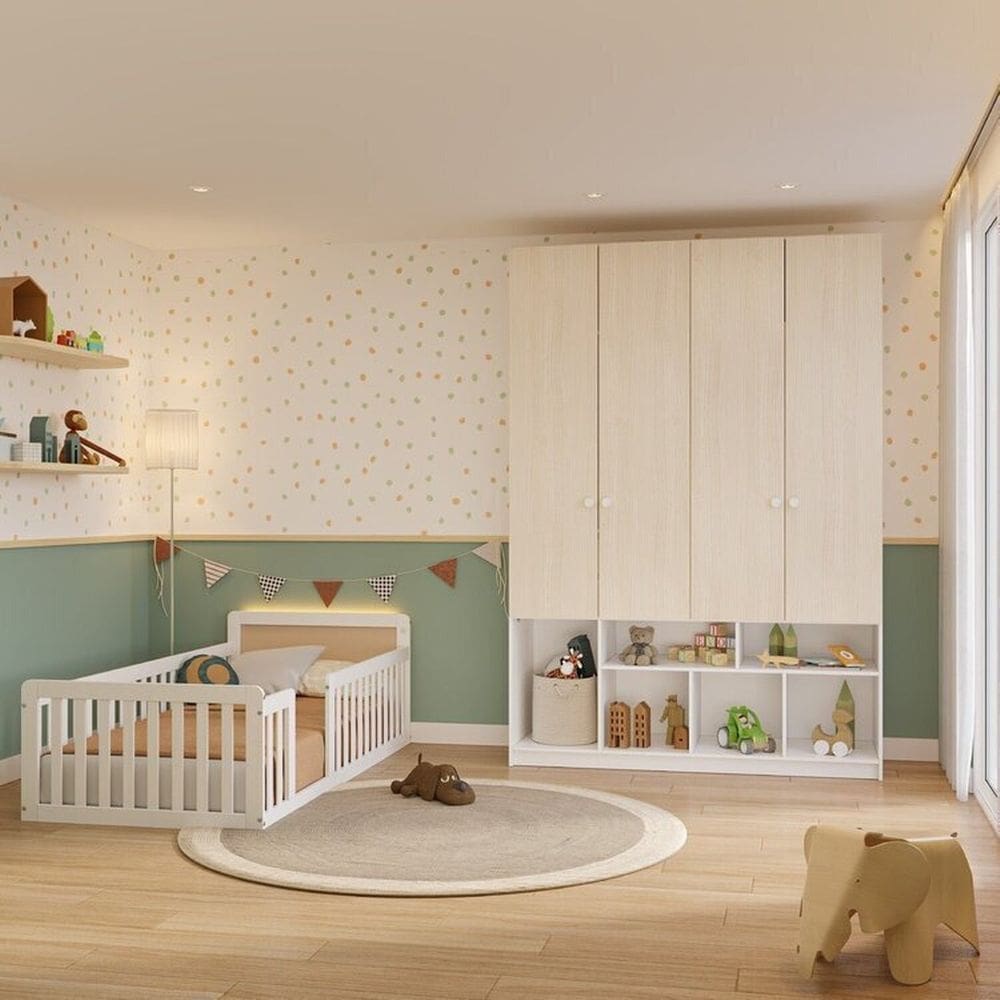 Conjunto Dormitório Cama de Solteiro Giulia Rattan e Guarda Roupa 4 Portas Curió Casatema Branco/Natural