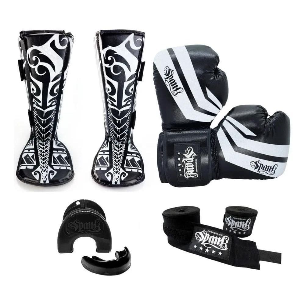 Kit- Muaythai Spank Preto  Luva, Caneleira, Bandagem, Bucal